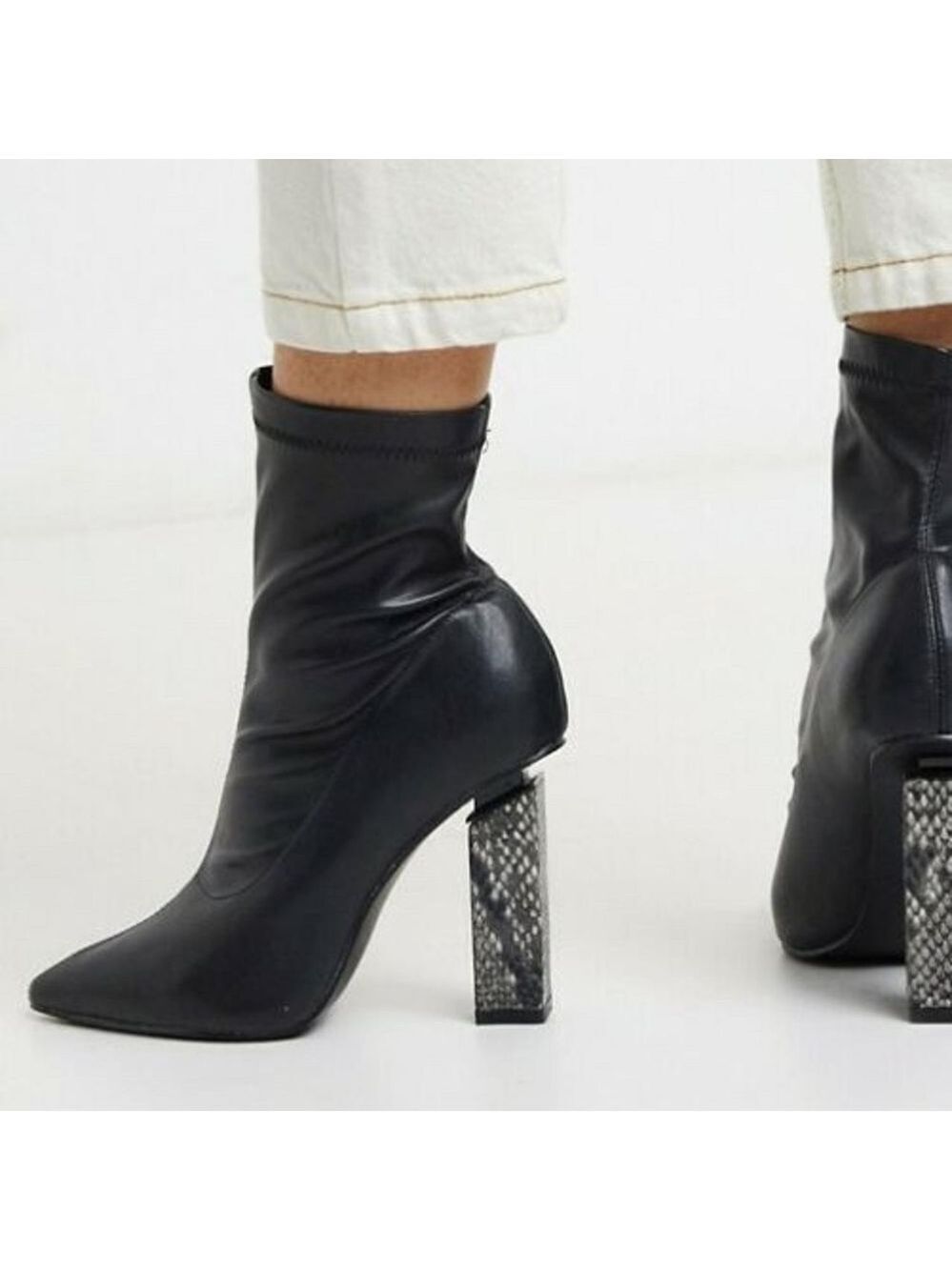 Z Code Z Black Pointed-Toe Ankle Boots with Textured Block Heel